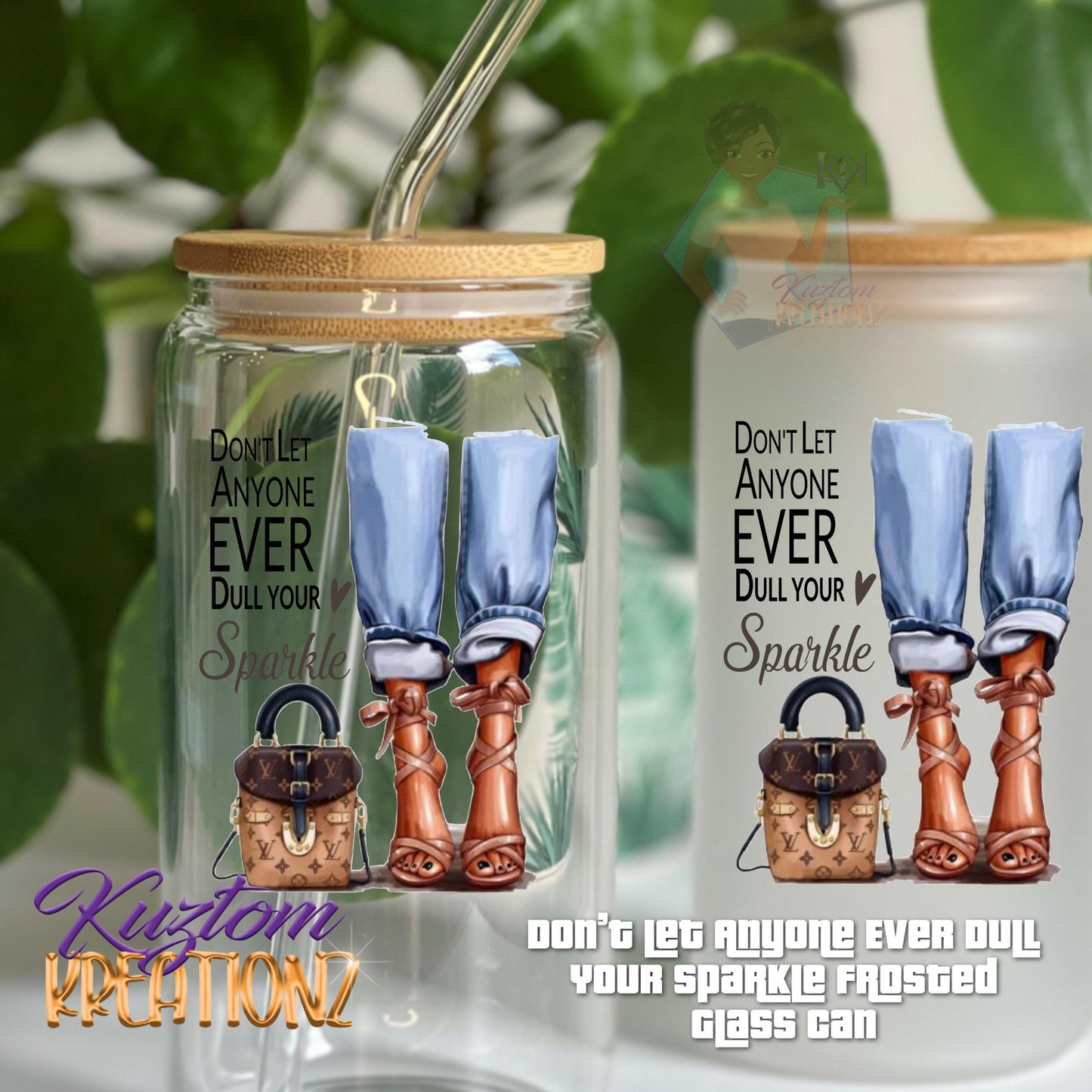 ✨ “Don’t Let Anyone Ever Dull Your Sparkle” Glass Can Cup – Fashion Chic Motivational Tumbler with Bamboo Lid & Straw ✨